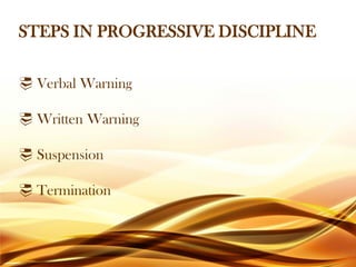 STEPS IN PROGRESSIVE DISCIPLINE
 Verbal Warning
 Written Warning
 Suspension
 Termination
 