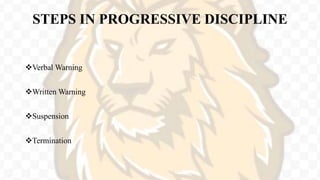 STEPS IN PROGRESSIVE DISCIPLINE
Verbal Warning
Written Warning
Suspension
Termination
 