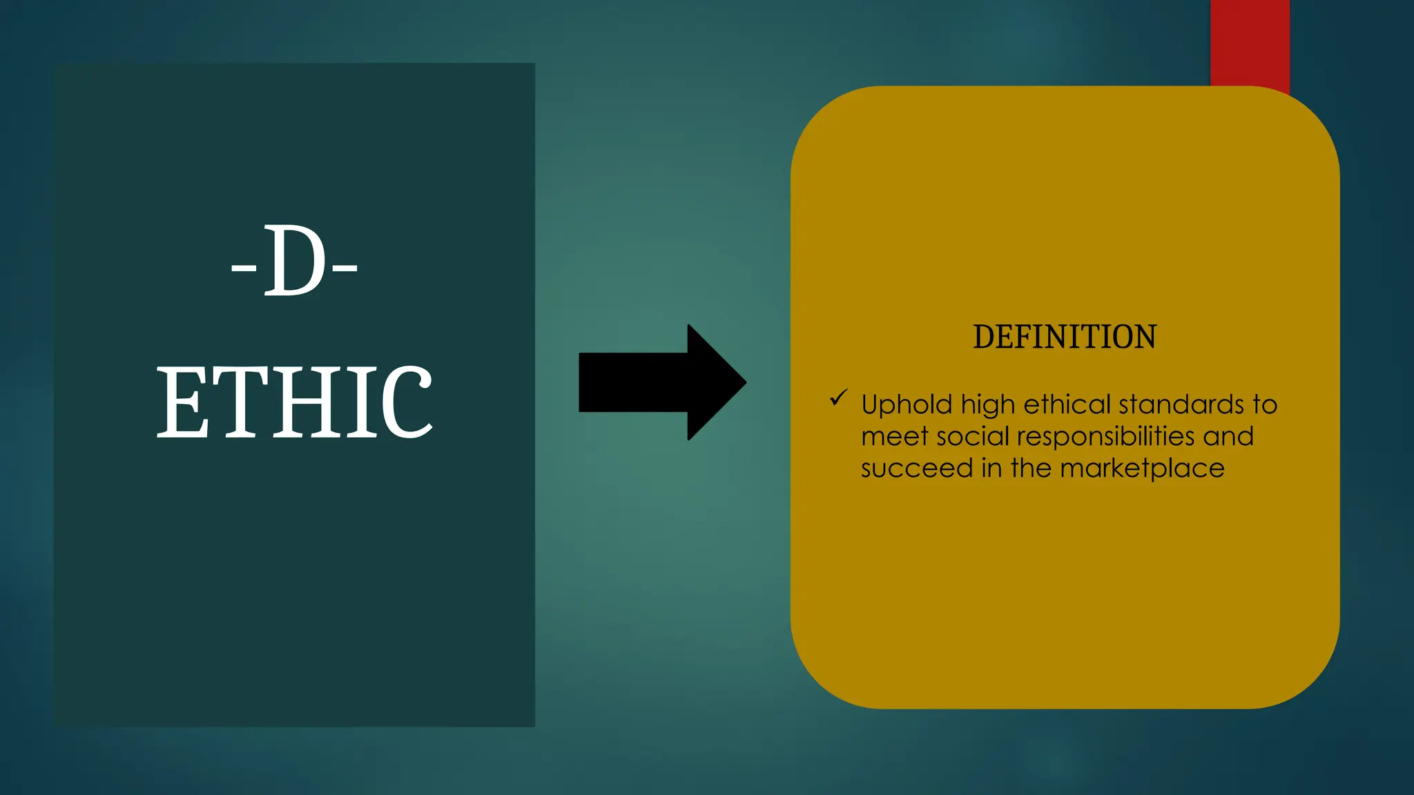 -D-
ETHIC
DEFINITION
 Uphold high ethical standards to
meet social responsibilities and
succeed in the marketplace
 