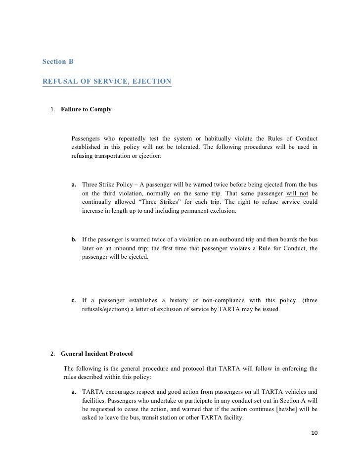 tarta code of conduct regulations ejection letter