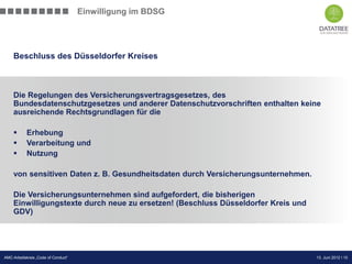 Einwilligung im BDSG




    Beschluss des Düsseldorfer Kreises



    Die Regelungen des Versicherungsvertragsgesetzes, des
    Bundesdatenschutzgesetzes und anderer Datenschutzvorschriften enthalten keine
    ausreichende Rechtsgrundlagen für die

           Erhebung
           Verarbeitung und
           Nutzung

    von sensitiven Daten z. B. Gesundheitsdaten durch Versicherungsunternehmen.

    Die Versicherungsunternehmen sind aufgefordert, die bisherigen
    Einwilligungstexte durch neue zu ersetzen! (Beschluss Düsseldorfer Kreis und
    GDV)




                                                                        Präsentation Opt-Secure Düsseldorf
AMC-Arbeitskreis „Code of Conduct“                                                         13. Juni 2012 l 10
                                                                                           24.04.2012 l 10
 
