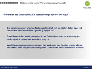 Datenschutz in der Versicherungswirtschaft




    Warum ist der Datenschutz für Versicherungsnehmer wichtig?




           Die Versicherungen arbeiten fast ausschließlich mit sensiblen Daten bzw. mit
            besonders sensitiven Daten gemäß § 3 (9) BDSG

           Damit kommt den Versicherungen in der Datenerhebung,- verarbeitung und
            -nutzung eine besondere Verantwortung zu

           Versicherungsunternehmen müssen das Vertrauen der Kunden immer wieder
            bestärken, dass die personenbezogenen Daten nicht zweckentfremdet werden!




                                                                                  Präsentation Opt-Secure Düsseldorf
AMC-Arbeitskreis „Code of Conduct“                                                                    13. Juni 2012 l 7
                                                                                                      24.04.2012 l 7
 