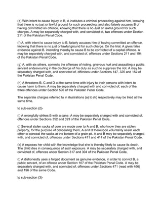 (e) With intent to cause Injury to B, A institutes a criminal proceeding against him, knowing
that there is no just or lawful ground for such proceeding; and also falsely accuses B of
having committed an offence, knowing that there is no Just or lawful ground for such
charges. A may be separately charged with, and convicted of, two offences under Section
211 of the Pakistan Penal Code.
(f) A, with intent to cause injury to B, falsely accuses him of having committed an offence,
knowing that there is no just or lawful ground for such charge. On the trial, A gives false
evidence against B. intending thereby to cause B to be convicted of a capital offence. A
may be separately charged with, and convicted of, offences under Sections 211 and 194
of the Pakistan Penal Code.
(g) A, with six others, commits the offences of rioting, grievous hurt and assaulting a public
servant endeavouring in the discharge of his duty as such to suppress the riot. A may be
separately charged with, and convicted of, offences under Sections 147, 325 and 152 of
the Pakistan Pena! Code.
(h) A threatens B. C and D at the same time with injury to their persons with intent to
cause harm to them. A may be separately charged with and convicted of, each of the
three offences under Section 506 of the Pakistan Penal Code.
The separate charges referred to in illustrations (a) to (h) respectively may be tried at the
same time.
to sub-section (2)-
(i) A wrongfully strikes B with a cane. A may be separately charged with and convicted of,
offences under Sections 352 and 323 of the Pakistan Penal Code.
(j) Several stolen sacks of corn are made over to A and B, who know they are stolen
property, for the purpose of concealing them, A and B thereupon voluntarily assist each
other to conceal the sacks at the bottom of a grain pit. A and B may be separately charged
with, and convicted of, offences under Sections 411 and 414 of the Pakistan Penal Code.
(k) A exposes her child with the knowledge that she is thereby likely to cause its death.
The child dies in consequence of such exposure. A may be separately charged with, and
convicted of, offences under Section 317 and 304 of the Pakistan Penal Code,
(l) A dishonestly uses a forged document as genuine evidence, in order to convict B, a
public servant, of an offence under Section 167 of the Pakistan Penal Code. A may be
separately charged with, and convicted of, offences under Sections 471 (read with 466)
and 196 of the same Code.
to sub-section (3)-
 