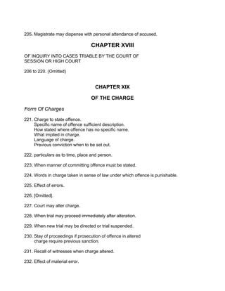 205. Magistrate may dispense with personal attendance of accused.
CHAPTER XVIII
OF INQUIRY INTO CASES TRIABLE BY THE COURT OF
SESSION OR HIGH COURT
206 to 220. (Omitted)
CHAPTER XIX
OF THE CHARGE
Form Of Charges
221. Charge to state offence.
Specific name of offence sufficient description.
How stated where offence has no specific name.
What implied in charge.
Language of charge.
Previous conviction when to be set out.
222. particulars as to time, place and person.
223. When manner of committing offence must be stated.
224. Words in charge taken in sense of law under which offence is punishable.
225. Effect of errors.
226. [Omitted].
227. Court may alter charge.
228. When trial may proceed immediately after alteration.
229. When new trial may be directed or trial suspended.
230. Stay of proceedings if prosecution of offence in altered
charge require previous sanction.
231. Recall of witnesses when charge altered.
232. Effect of material error.
 