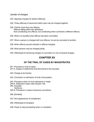 Joinder of charges
233. Separate charges for distinct offences.
234. Three offences of same kind within year may be charged together.
235. Trial for more than one offence.
Offence falling within two definitions.
Acts constituting one offence, but constituting when combined a different offence.
236. When it is doubtful what offence has been committed.
237. When a person is charged with one offence, he can be convicted of another.
238. When offence proved included in offence charged.
239. What persons may be charged jointly.
240. Withdrawal of remaining charges on conviction on one of several charges.
CHAPTER XX
OF THE TRIAL OF CASES BY MAGISTRATES
241. Procedure in trial of cases.
241-A. Supply of statements and documents to the accused.
242. Charge to be framed.
243. Conviction on admission of truth of accusation.
244. Procedure when no such admission is made.
244-A. Statement made under Section 164.
245. Acquittal.
Sentence.
245-A. Procedure in cases of previous convictions.
246. [Omitted].
247. Non-appearance of complainant.
248. Withdrawal of complaint.
249. Power to stop proceeding when no complaint.
 