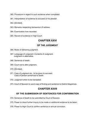 360. Procedure in regard to such evidence when completed.
361. Interpretation of evidence to accused or his pleader.
362. [Omitted].
363. Remarks respecting demeanour of witness.
364. Examination how recorded.
365. Record of evidence in High Court.
CHAPTER XXVI
OF THE JUDGMENT
366. Mode of delivering judgment.
367. Language of Judgment -Contents of Judgment.
Judgment in alternative.
366. Sentence of death.
369. Court not to alter judgment.
370. [Omitted}.
371. Copy of judgment etc., to be given to accused.
Case of person sentenced to death.
372. Judgment when to be translated.
373. Court of Session to send copy of finding and sentence to District Magistrate.
CHAPTER XXVII
OF THE SUBMISSION OF SENTENCES FOR CONFIRMATION
374. Sentence of death to be submitted by Court of Session.
375. Power to direct further inquiry to be made or additional evidence to be taken.
376. Power to High Court to confirm sentence or annual conviction.
 