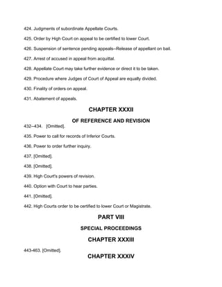 424. Judgments of subordinate Appellate Courts.
425. Order by High Court on appeal to be certified to lower Court.
426. Suspension of sentence pending appeals--Release of appellant on bail.
427. Arrest of accused in appeal from acquittal.
428. Appellate Court may take further evidence or direct it to be taken.
429. Procedure where Judges of Court of Appeal are equally divided.
430. Finality of orders on appeal.
431. Abatement of appeals.
CHAPTER XXXII
OF REFERENCE AND REVISION
432--434. [Omitted].
435. Power to call for records of Inferior Courts.
436. Power to order further inquiry.
437. [Omitted].
438. [Omitted].
439. High Court's powers of revision.
440. Option with Court to hear parties.
441. [Omitted].
442. High Courts order to be certified to lower Court or Magistrate.
PART VIII
SPECIAL PROCEEDINGS
CHAPTER XXXIII
443-463. [Omitted].
CHAPTER XXXIV
 