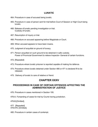 LUNATIC
464. Procedure in case of accused being lunatic.
465. Procedure in case of person sent for trial before Court of Session or High Court being
lunatic.
466. Release of lunatic pending investigation or trial.
Custody of lunatic.
467. Resumption of inquiry or trial.
466. Procedure on accused appearing before Magistrate or Court.
469. When accused appears to have been insane.
470. Judgment of acquittal on ground of lunacy.
471. Person acquitted on such ground to be detained in safe custody.
Power of Provincial Government to relieve Inspector- General of certain functions.
472. [Repealed]
473. Procedure where lunatic prisoner is reported capable of making his defence.
474. Procedure where lunatic detained under Section 466 or 471 is declared fit to be
released.
475. Delivery of lunatic to care of relative or friend.
CHAPTER XXXV
PROCEEDINGS IN CASE OF CERTAIN OFFENCES AFFECTING THE
ADMINISTRATION OF JUSTICE
476. Procedure in cases mentioned in Section 195.
476-A. Forwarding of cases for trial by Courts having jurisdiction.
476-B.[Omitted].
477. [Repealed].
478-479. [Omitted].
480. Procedure in certain cases of contempt.
 