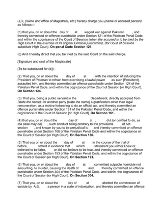(a) I, (name and office of Magistrate, etc.) hereby charge you (name of accused person)
as follows:--
(b) that you, on or about the day of at waged war against Pakistan , and
thereby committed an offence punishable under Section 121 of the Pakistan Penal Code,
and within the cognizance of the Court of Session (when the accused is to be tried by the
High Court in the exercise of its original Criminal jurisdiction), (for Court of Session
substitute High Court). On penal Code Section 121.
(c) And I hereby direct that you be tried by the said Court on the said charge.
[Signature and seal of the Magistrate]
[To be substituted for (b)]:--
(2) That you, on or about the day of at , with the intention of inducing the
President of Pakistan to refrain from exercising a lawful power as such [President],
assaulted him, and thereby committed an offence punishable under Section 124 of the
Pakistan Penal Code. and within the cognizance of the Court of Session [or High Court],
On Section 124.
(3) That you, being a public servant in the Department, directly accepted from
(state the name), for another party [state the name] a gratification other than legal
remuneration, as a motive forbearing to do an official act, and thereby committed an
offence punishable under Section 161 of the Pakistan Penal Code, and within the
cognizance of the Court of Session [or High Court]. On Section 161.
(4) that you, on or about the day of at , did (or omitted to do, as
the case may be) , such conduct being contrary to the provisions of Act
section , and known by you to be prejudicial to and thereby committed an offence
punishable under Section 166 of the Pakistan Penal Code and within the cognizance or
the Court of Session [or High Court]. On Section 166.
(5) That you on or about the day of at in the course of the trial of
before, stated in evidence that which statement you either knew or
believed to be false, or did not believe to be true, and thereby committed an offence
punishable under Section 193 of the Pakistan Penal Code, and within the cognizance of
the Court of Session [or High Court]. On Section 193.
(6) That you, on or about the day of at , committed culpable homicide not
amounting, to murder, causing the death of and thereby committed an offence
punishable under Section 304 of the Pakistan Penal Code, and within the cognizance of
the Court of Session [or High Court]. On Section 304.
(7) That you, on or about the day of at abetted the commission of
suicide by A,B, a person in a state of intoxication, and thereby committed an offence
 