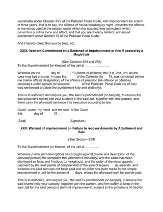 punishable under Chapter XVII of the Pakistan Penal Code, with imprisonment for a term
of three years, that is to say, the offence of house breaking by night (describe the offence
in the words used in the section under which the accused was convicted), which
conviction is still in force and effect, and that you are thereby liable to enhanced
punishment under Section 75 of the Pakistan Penal Code.
And I hereby direct that you be tried, etc.
XXIX.-Warrant Commitment on a Sentence of Imprisonment or fine if passed by a
Magistrate
(See Sections 254 and 258)
To the Superintendent [or Keeper) of the Jail at …………………..
Whereas on the day of , 19 (name of prisoner) the (1st, 2nd, 3rd, as the
case may be) prisoner in case No. of the Calendar for 19, was convicted before
me (name official designation) of the offence of (mention the offence or offences,
concisely) under section (or sections) of the Pakistan. Penal Code (or of Act)
was sentenced to (state the punishment fully and distinctly).
This is to authorize and require you, the said Superintendent (or Keeper), to receive the
said prisoner's name) into your custody in the said Jail, together with this warrant, and
there carry the aforesaid sentence into execution according to law.
Given under my hand and the seal of the Court,
this day of 19 .
(Seal) (Signature)
XXX. Warrant of Imprisonment on Failure to recover Amends by Attachment and
Sale
(See Section -250)
To the Superintendent (or Keeper) of the Jail at ………….
Whereas (name and description) has brought against (name and description of the
accused person) the complaint that (mention it concisely) and the same has been
dismissed as false and frivolous (or vexatious), and the order of dismissal awards
payment by the said (name of complainant) of the sum of rupees as amends, and
whereas the said sum has not been paid and an order has been made for his simple
imprisonment in Jail for the period of days, unless the aforesaid sum be sooner paid;
This is to authorize, and require you, the said Superintendent (or Keeper), to receive the
said (name) into your custody, together with the warrant, and him safely to keep in the
said Jail for the said period of (term of imprisonment), subject to the provisions of Section
 