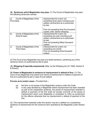 32. Sentences which Magistrates may pass: (1) The Courts of Magistrates may pass
the following sentences namely:-
a) Courts of Magistrates of the
First Class;
Imprisonment for a term not
exceeding three years including such
solitary confinement as is authorized
by law;
Fine not exceeding forty five thousand
rupees; arsh: daman whipping
b) Courts of Magistrates of the
Second class;
Imprisonment for a term not
exceeding one year including such
solitary confinement as is authorised
by law;
Fine not exceeding fifteen thousand
rupees;
c) Courts of Magistrates of the
Third Class;
Imprisonment for a term not
exceeding one month;
Fine not exceeding three thousand
rupees.
(2) The Court of any Magistrate may pass any lawful sentence, combining any of the
sentence which it is authorised by law to pass.
(3) Whipping (if specially empowered): [Rep. by the Whipping Act (IV 1909), Section 8
& Sched,]
33. Power of Magistrates to sentence to imprisonment in default of fine:- (1) The
Court of any Magistrate may award such terms of imprisonment in default of payment of
fine as is authorised by law in case of such default:
Proviso as to certain cases:- Provided that—
(a) the term is not excess of the Magistrate’s powers under this Code;
(b) in any case decided by a Magistrate where imprisonment has been awarded
as part of the substantive sentence, the period of imprisonment awarded in
default of payment of the fine shall not exceed one-forth of the period of
imprisonment which such Magistrate is competent to inflict as punishment
for the offence otherwise than as imprisonment in default of payment of the
fine.
(2) .The imprisonment awarded under this section may be in addition to a substantive
sentence of imprisonment for the maximum term awarded by the Magistrate under Section
32.
 
