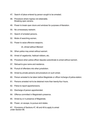 47. Search of place entered by person sought to be arrested.
48. Procedure where ingress not obtainable.
Breaking open zenana.
49. Power to break open doors and windows for purposes of liberation.
50. No unnecessary restraint.
51. Search of arrested persons.
52. Mode of searching women.
53. Power to seize offensive weapons.
B.--Arrest without Warrant
54. When police may arrest without warrant.
55. Arrest of vagabonds, habitual robbers, etc.
56. Procedure when police-officer deputes subordinate to arrest without warrant.
57. Refusal to give name and residence.
58. Pursuit of offenders into other jurisdiction.
59. Arrest by private persons and procedure on such arrest.
60. Person arrested to be taken before Magistrate or officer incharge of police-station.
61. Persons arrested not to be detained more than twenty-four hours.
62. Police to report apprehensions.
63. Discharge of person apprehended.
64: Offence committed in Magistrate's presence.
65. Arrest by or in presence of Magistrate.
66. Power, on escape, to pursue and retake.
67. Provisions of Sections 47, 48 and 49 to apply to arrest
under Section 66.
 
