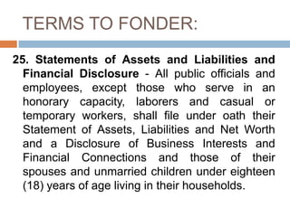 TERMS TO FONDER:
25. Statements of Assets and Liabilities and
Financial Disclosure - All public officials and
employees, e...