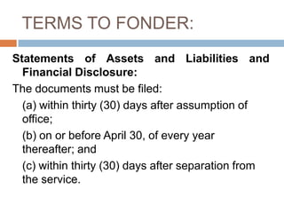 TERMS TO FONDER:
Statements of Assets and Liabilities and
Financial Disclosure:
The documents must be filed:
(a) within th...