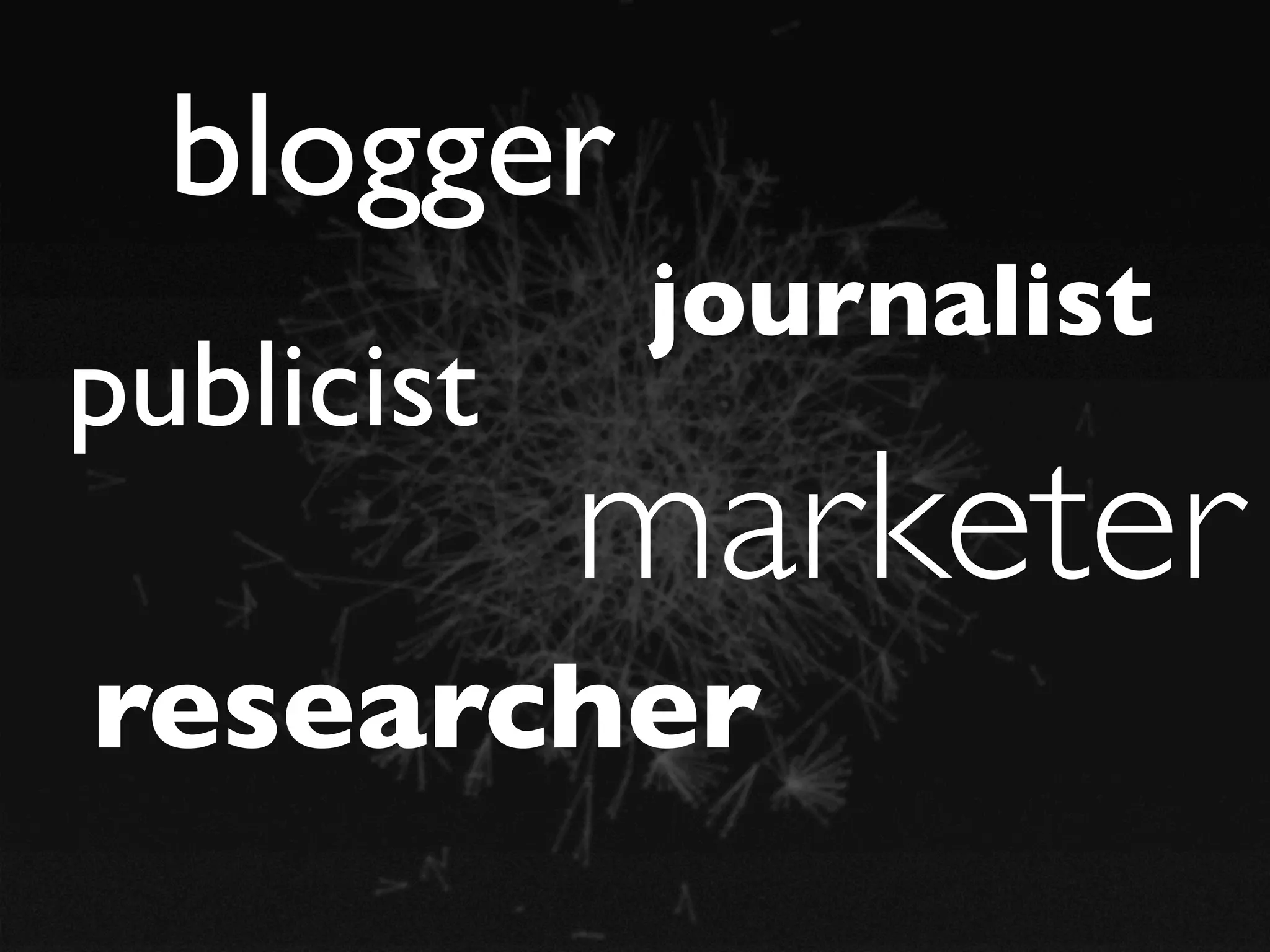 blogger
            journalist
publicist
            marketer
researcher
 