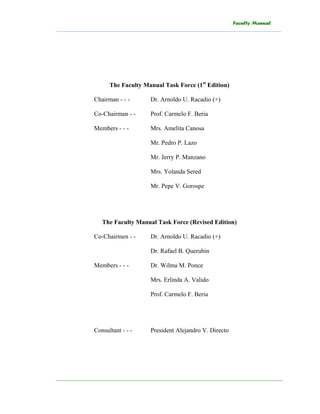 Faculty Manual
______________________________________________________________________________________
________________________________________________________________________
The Faculty Manual Task Force (1st
Edition)
Chairman - - - Dr. Arnoldo U. Racadio (+)
Co-Chairman - - Prof. Carmelo F. Beria
Members - - - Mrs. Amelita Canosa
Mr. Pedro P. Lazo
Mr. Jerry P. Manzano
Mrs. Yolanda Sered
Mr. Pepe V. Gorospe
The Faculty Manual Task Force (Revised Edition)
Co-Chairmen - - Dr. Arnoldo U. Racadio (+)
Dr. Rafael B. Querubin
Members - - - Dr. Wilma M. Ponce
Mrs. Erlinda A. Valido
Prof. Carmelo F. Beria
Consultant - - - President Alejandro V. Directo
 