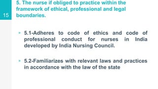 5. The nurse if obliged to practice within the
framework of ethical, professional and legal
boundaries.
▹ 5.1-Adheres to code of ethics and code of
professional conduct for nurses in India
developed by India Nursing Council.
▹ 5.2-Familiarizes with relevant laws and practices
in accordance with the law of the state
15
 