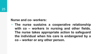 Nurse and co- workers:
▹ The nurse sustains a cooperative relationship
with co – workers in nursing and other fields.
The nurse takes appropriate action to safeguard
the individual when his care is endangered by a
co – worker or any other person.
25
 
