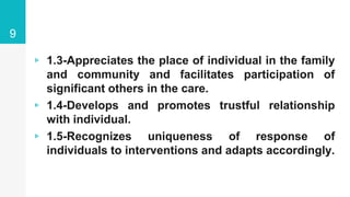 ▹ 1.3-Appreciates the place of individual in the family
and community and facilitates participation of
significant others in the care.
▹ 1.4-Develops and promotes trustful relationship
with individual.
▹ 1.5-Recognizes uniqueness of response of
individuals to interventions and adapts accordingly.
9
 