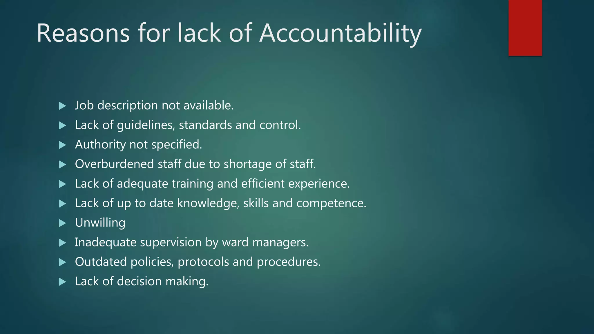 Reasons for lack of Accountability
 Job description not available.
 Lack of guidelines, standards and control.
 Authority not specified.
 Overburdened staff due to shortage of staff.
 Lack of adequate training and efficient experience.
 Lack of up to date knowledge, skills and competence.
 Unwilling
 Inadequate supervision by ward managers.
 Outdated policies, protocols and procedures.
 Lack of decision making.
 