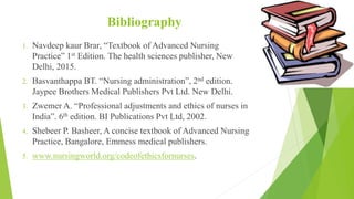 Bibliography
1. Navdeep kaur Brar, “Textbook of Advanced Nursing
Practice” 1st Edition. The health sciences publisher, New
Delhi, 2015.
2. Basvanthappa BT. “Nursing administration”, 2nd edition.
Jaypee Brothers Medical Publishers Pvt Ltd. New Delhi.
3. Zwemer A. “Professional adjustments and ethics of nurses in
India”. 6th edition. BI Publications Pvt Ltd, 2002.
4. Shebeer P. Basheer, A concise textbook of Advanced Nursing
Practice, Bangalore, Emmess medical publishers.
5. www.nursingworld.org/codeofethicsfornurses.
 