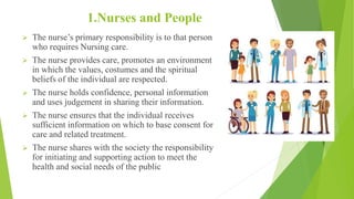1.Nurses and People
 The nurse’s primary responsibility is to that person
who requires Nursing care.
 The nurse provides care, promotes an environment
in which the values, costumes and the spiritual
beliefs of the individual are respected.
 The nurse holds confidence, personal information
and uses judgement in sharing their information.
 The nurse ensures that the individual receives
sufficient information on which to base consent for
care and related treatment.
 The nurse shares with the society the responsibility
for initiating and supporting action to meet the
health and social needs of the public
 