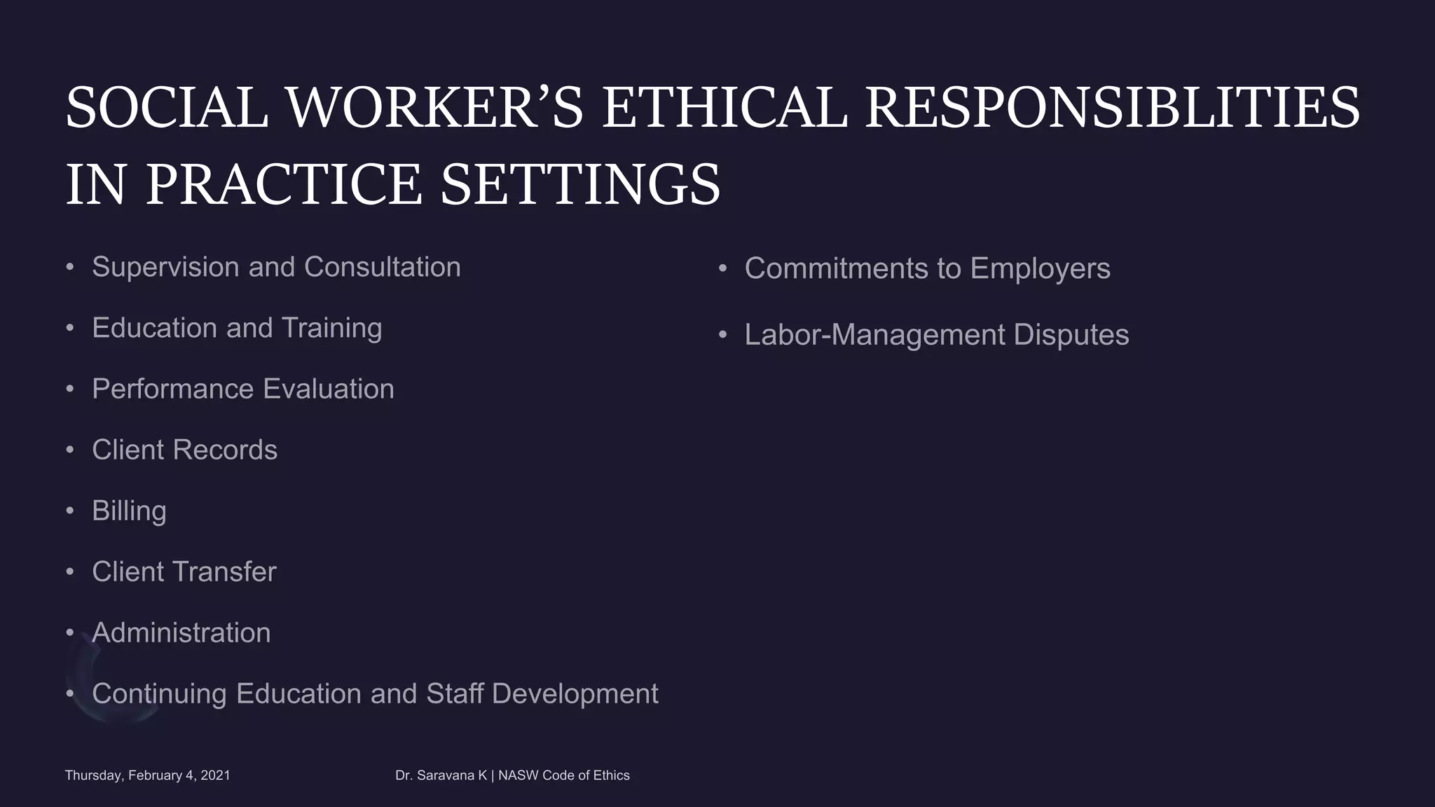 SOCIAL WORKER’S ETHICAL RESPONSIBLITIES
IN PRACTICE SETTINGS