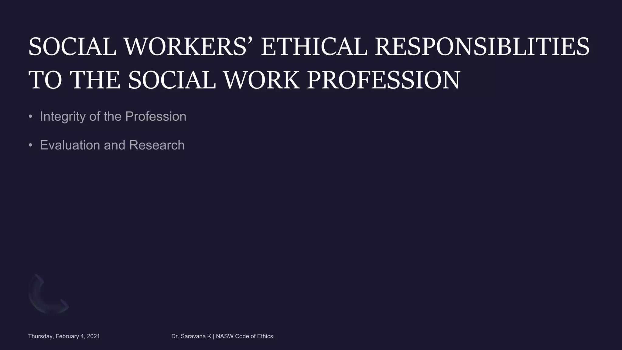 SOCIAL WORKERS’ ETHICAL RESPONSIBLITIES
TO THE SOCIAL WORK PROFESSION