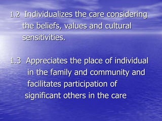 1.2 Individualizes the care considering
the beliefs, values and cultural
sensitivities.
1.3 Appreciates the place of individual
in the family and community and
facilitates participation of
significant others in the care
 