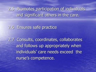 2.5 Promotes participation of individuals
and significant others in the care.
2.6 Ensures safe practice
2.7 Consults, coordinates, collaborates
and follows up appropriately when
individuals’ care needs exceed the
nurse’s competence.
 