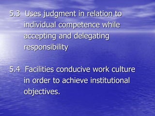 5.3 Uses judgment in relation to
individual competence while
accepting and delegating
responsibility
5.4 Facilities conducive work culture
in order to achieve institutional
objectives.
 