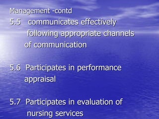 Management -contd
5.5 communicates effectively
following appropriate channels
of communication
5.6 Participates in performance
appraisal
5.7 Participates in evaluation of
nursing services
 