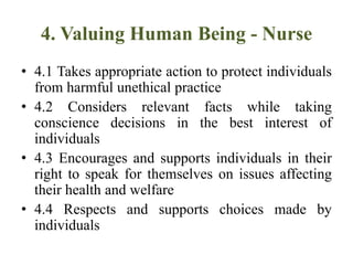 4. Valuing Human Being - Nurse
• 4.1 Takes appropriate action to protect individuals
from harmful unethical practice
• 4.2 Considers relevant facts while taking
conscience decisions in the best interest of
individuals
• 4.3 Encourages and supports individuals in their
right to speak for themselves on issues affecting
their health and welfare
• 4.4 Respects and supports choices made by
individuals
 