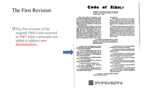 The First Revision
The first revision of the
original 1960 Code occurred
in 1967 when a principle was
added to address non-
discrimination.
 