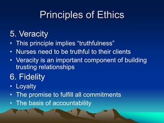 Principles of Ethics
5. Veracity
• This principle implies “truthfulness”
• Nurses need to be truthful to their clients
• Veracity is an important component of building
trusting relationships
6. Fidelity
• Loyalty
• The promise to fulfill all commitments
• The basis of accountability
 