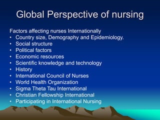 Global Perspective of nursing
Factors affecting nurses Internationally
• Country size, Demography and Epidemiology.
• Social structure
• Political factors
• Economic resources
• Scientific knowledge and technology
• History
• International Council of Nurses
• World Health Organization
• Sigma Theta Tau International
• Christian Fellowship International
• Participating in International Nursing
 