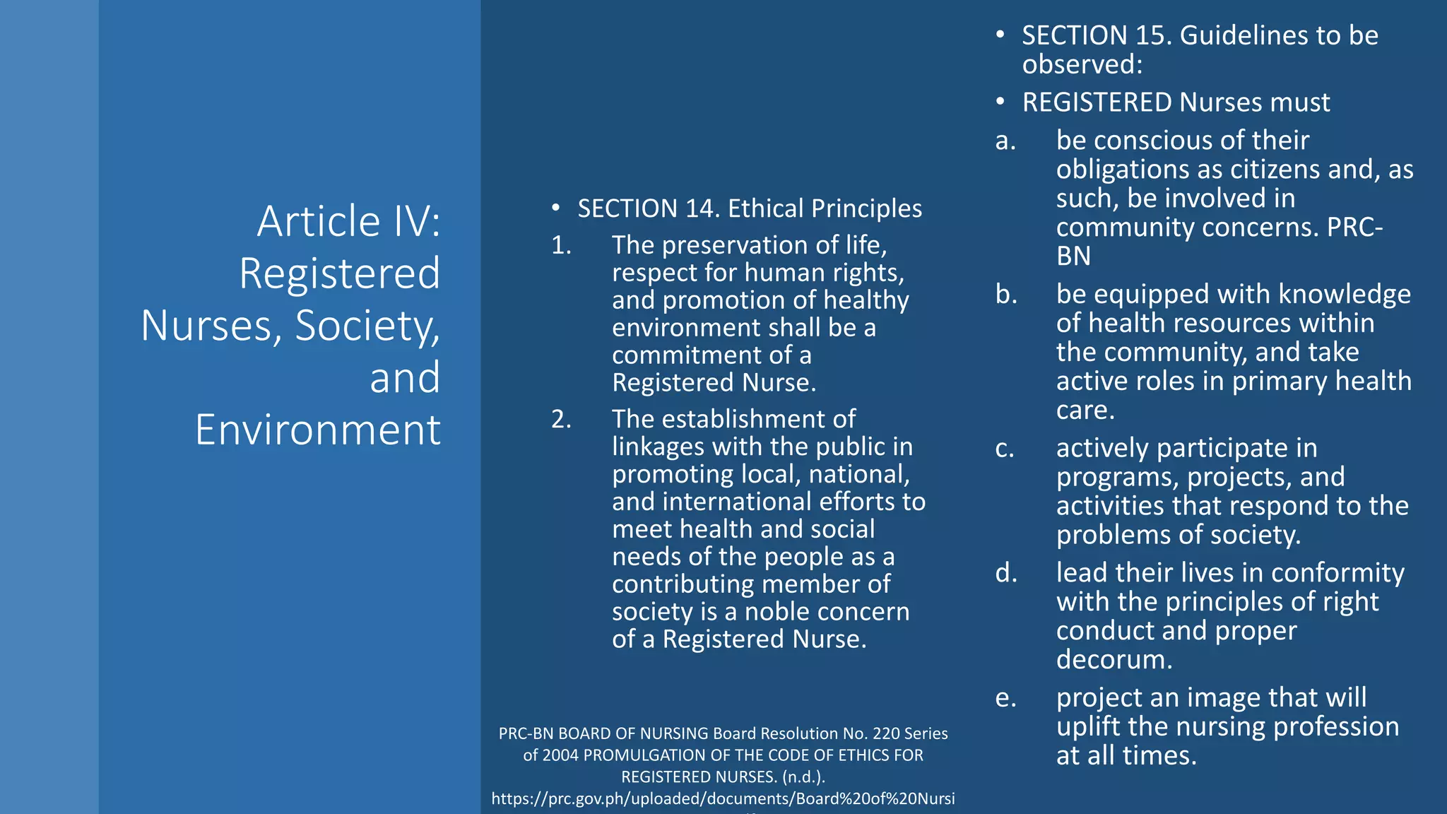 Article IV:
Registered
Nurses, Society,
and
Environment
• SECTION 14. Ethical Principles
1. The preservation of life,
respect for human rights,
and promotion of healthy
environment shall be a
commitment of a
Registered Nurse.
2. The establishment of
linkages with the public in
promoting local, national,
and international efforts to
meet health and social
needs of the people as a
contributing member of
society is a noble concern
of a Registered Nurse.
• SECTION 15. Guidelines to be
observed:
• REGISTERED Nurses must
a. be conscious of their
obligations as citizens and, as
such, be involved in
community concerns. PRC-
BN
b. be equipped with knowledge
of health resources within
the community, and take
active roles in primary health
care.
c. actively participate in
programs, projects, and
activities that respond to the
problems of society.
d. lead their lives in conformity
with the principles of right
conduct and proper
decorum.
e. project an image that will
uplift the nursing profession
at all times.
PRC-BN BOARD OF NURSING Board Resolution No. 220 Series
of 2004 PROMULGATION OF THE CODE OF ETHICS FOR
REGISTERED NURSES. (n.d.).
https://prc.gov.ph/uploaded/documents/Board%20of%20Nursi
 