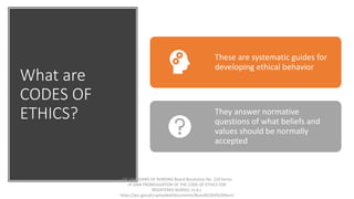 What are
CODES OF
ETHICS?
These are systematic guides for
developing ethical behavior
They answer normative
questions of what beliefs and
values should be normally
accepted
PRC-BN BOARD OF NURSING Board Resolution No. 220 Series
of 2004 PROMULGATION OF THE CODE OF ETHICS FOR
REGISTERED NURSES. (n.d.).
https://prc.gov.ph/uploaded/documents/Board%20of%20Nursi
 