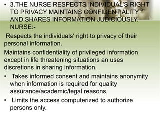• 3.THE NURSE RESPECTS INDIVIDUAL’S RIGHT
TO PRIVACY MAINTAINS CONFIDENTIALITY
AND SHARES INFORMATION JUDICIOUSLY.
NURSE:-...