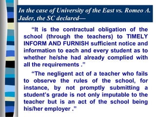 In the case of University of the East vs. Romeo A.
Jader, the SC declared—
“It is the contractual obligation of the
school (through the teachers) to TIMELY
INFORM AND FURNISH sufficient notice and
information to each and every student as to
whether he/she had already complied with
all the requirements .”
“The negligent act of a teacher who fails
to observe the rules of the school, for
instance, by not promptly submitting a
student’s grade is not only imputable to the
teacher but is an act of the school being
his/her employer .”

 