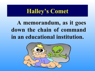 Halley’s Comet
A memorandum, as it goes
down the chain of command
in an educational institution.

 