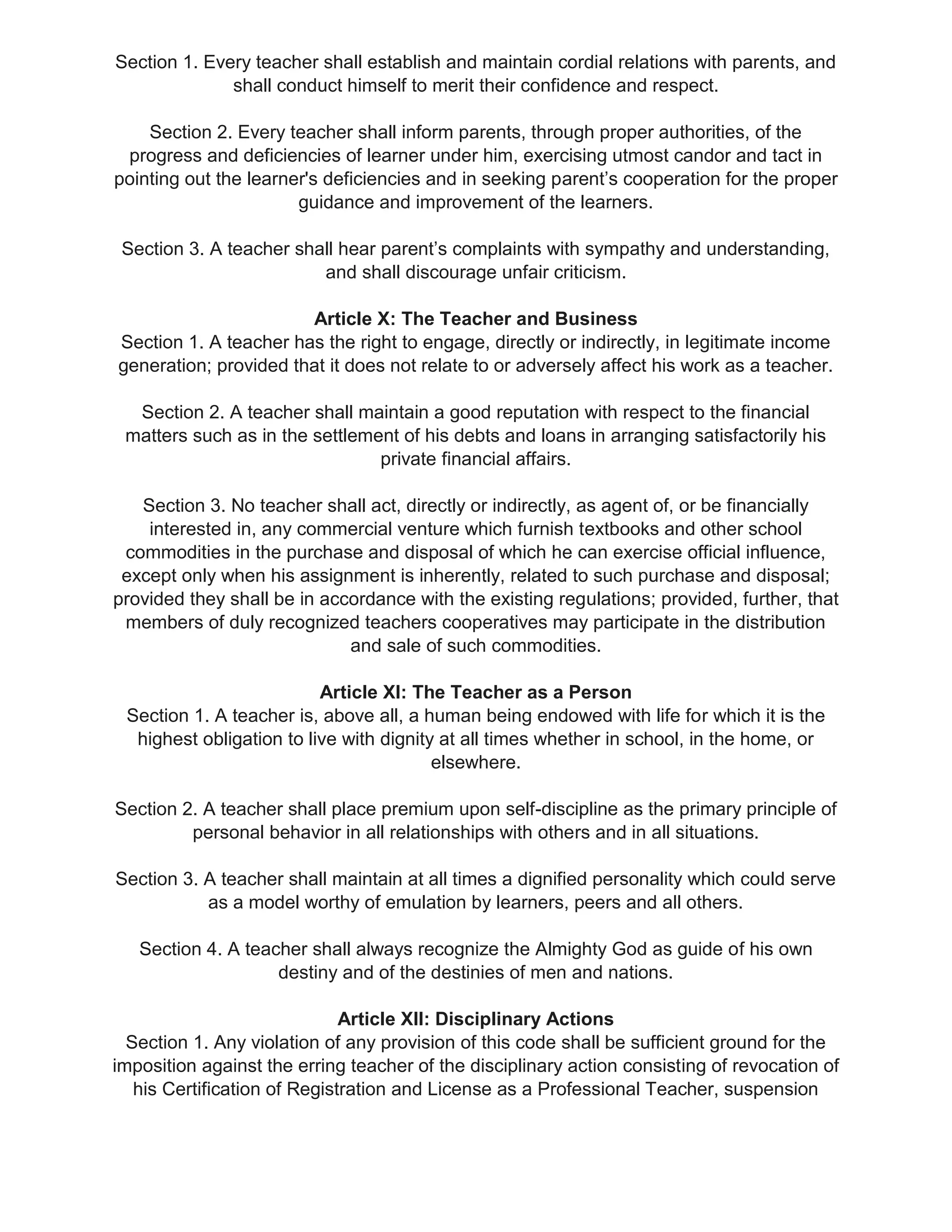 Code of ethics for teachers in philippines | PDF
