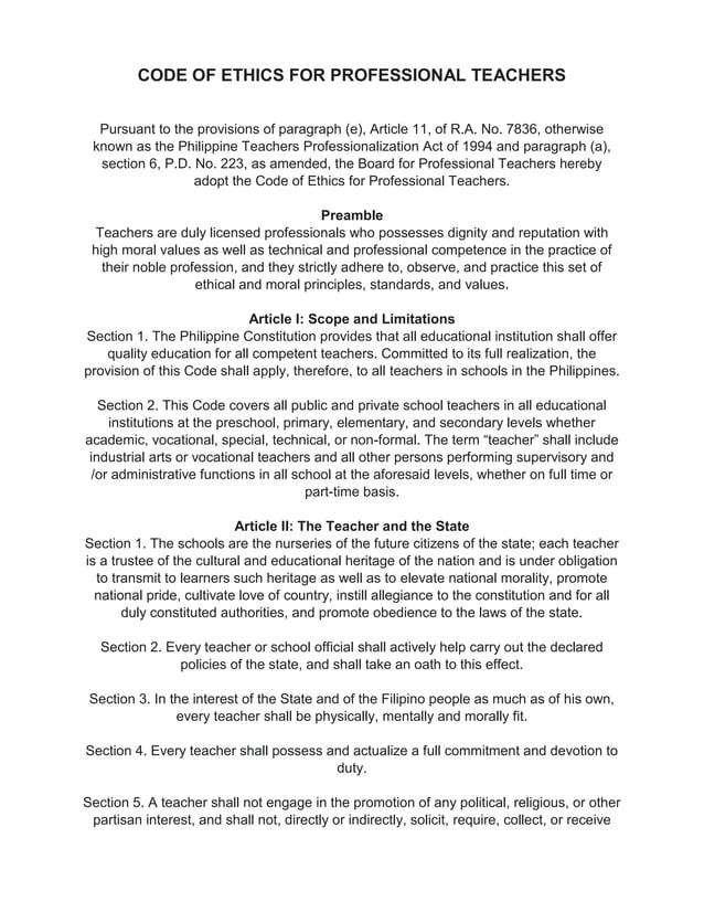 Code of ethics for teachers in philippines PDF