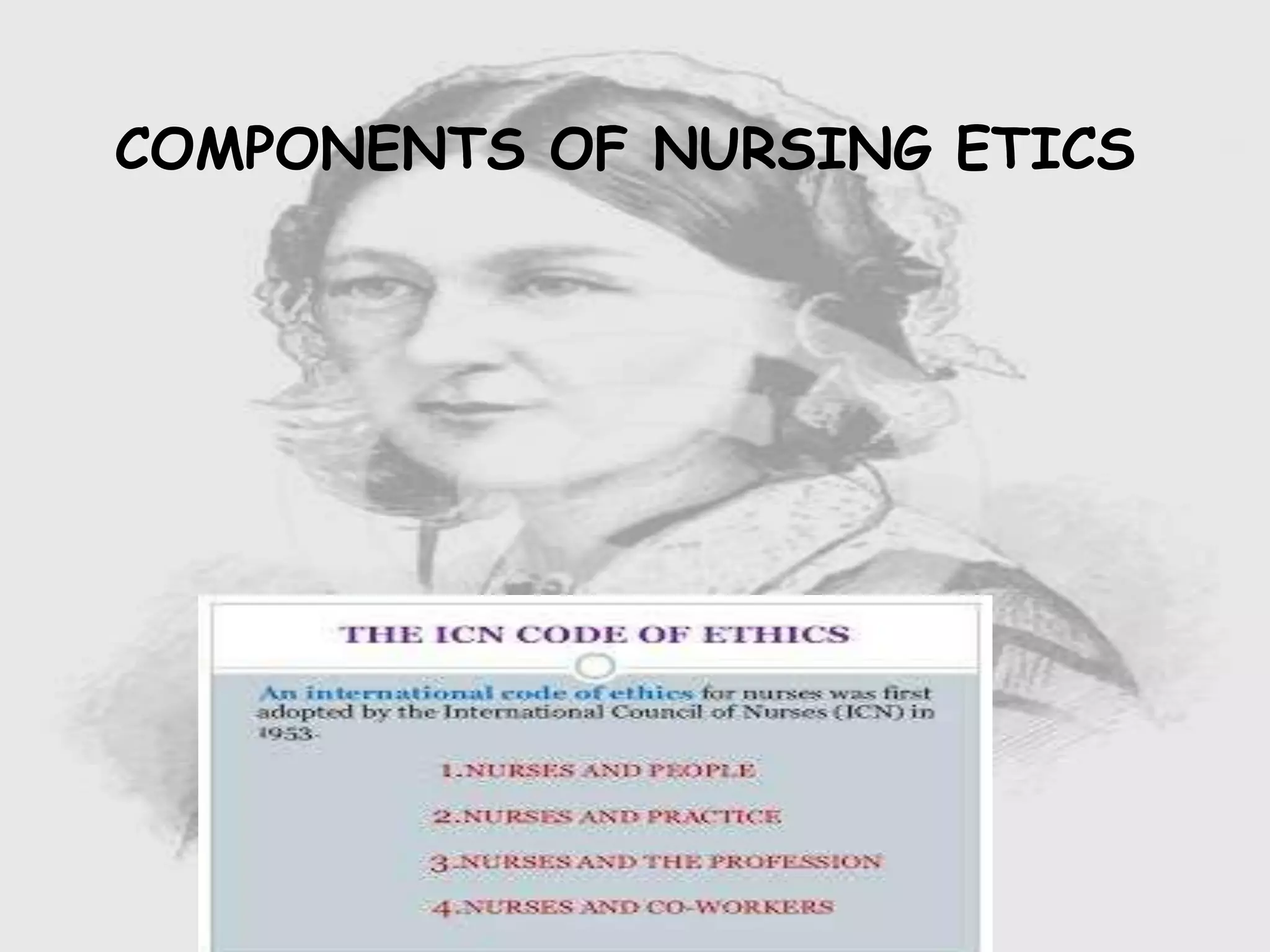 Nursing …..
Care to humanity.
Universal.
Working for a noble cause.
Dealing with human life.
Respect for human rights, including cultural
rights.
Right to life.
Treating client with dignity.
COMPONENTS OF NURSING ETICS
 