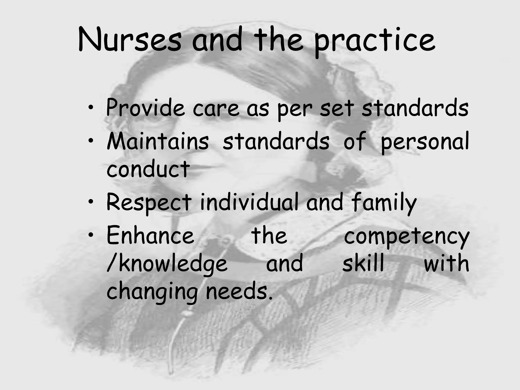 Nursing …..
Care to humanity.
Universal.
Working for a noble cause.
Dealing with human life.
Respect for human rights, including cultural
rights.
Right to life.
Treating client with dignity.
Nurses and the practice
• Provide care as per set standards
• Maintains standards of personal
conduct
• Respect individual and family
• Enhance the competency
/knowledge and skill with
changing needs.
 