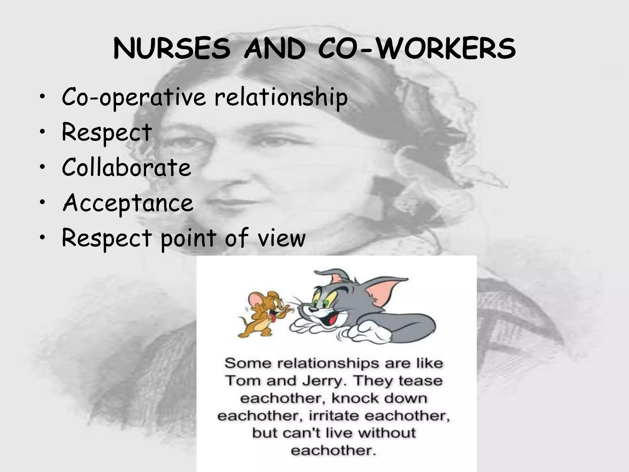 Nursing …..
Care to humanity.
Universal.
Working for a noble cause.
Dealing with human life.
Respect for human rights, including cultural
rights.
Right to life.
Treating client with dignity.
NURSES AND CO-WORKERS
• Co-operative relationship
• Respect
• Collaborate
• Acceptance
• Respect point of view
 