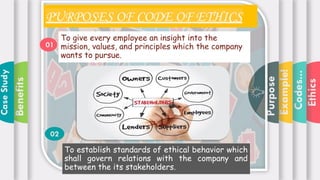 Ethics
Codes...
Example!
Purpose
Benefits
Case
Study
PURPOSES OF CODE OF ETHICS
To give every employee an insight into the
mission, values, and principles which the company
wants to pursue.
01
02
To establish standards of ethical behavior which
shall govern relations with the company and
between the its stakeholders.
 