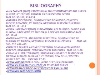 BIBLIOGRAPHY
•ANN ZWEMER (2006), PROFESSIONAL ADJUSTMENTS&ETHICS FOR NURSES
IN INDIA, 6TH EDITION, CHENNAI, B.I PUBLICATIONS PVT.LTD
PAGE NO: 95-109, 139-154
•BARBARA KOZIER(2006), FUNDAMENTALS OF NURSING, CONCEPTS,
PROCESS,&PRACTICE, 2ND EDITION, NEW DELHI, PEARSON EDUCATION
PAGE NO: 111-118
•HELEN HARKREADER(2009), FUNDAMENTALS OF NURSING- CARING AND
CLINICAL JUDGEMENT, 3RD EDITION, U. P,ELSEVIER PUBLICATIONS PAGE
NO: 17-41
•PATRICIA A POTTER, ANN GRIFFIN PERRY(2005), FUNDAMENTALS OF
NURSING, 6TH EDITION, NEW DELHI, ELSEVIER PUBLICATIONS PAGE NO:
388- 392, 407-419
•SHEBEER P.BASHEER, A CONCISE TEXTBOOK OF ADVANCED NURSING
PRACTICE, BANGALORE, EMMESS MEDICAL PUBLISHERS PAGE NO: 9-20
•SUZANNE C. SMELTZER (2009), BRUNNER &SUDDARTH’S TEXTBOOK OF
MEDICAL SURGICAL NURSING, 11TH EDITION, NEW DELHI, WOLTERS
KLUWER PVT. LTD PAGE NO: 27-33
•WWW.NURSING WORLD.ORG/.../CODE OF ETHICS FOR NURSES
•WWW.ICN.CH/ABOUT-ICN/CODE OF ETHICS FOR NURSES
•WWW.DSR.DK/SER/DOCUMENTS/ICN CODE ENGLISH.PDF
•WWW.NCBI.NLM.GOV/PUBMED
 