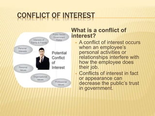 CONFLICT OF INTEREST
What is a conflict of
interest?
 A conflict of interest occurs
when an employee’s
personal activities or
relationships interfere with
how the employee does
their job.
 Conflicts of interest in fact
or appearance can
decrease the public’s trust
in government.
 
