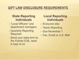 GIFT LAW DISCLOSURE REQUIREMENTS
State Reporting
Individuals
 “Local Officers” and
department managers
 Quarterly Reporting
Required
 Send your state form to
the Florida COE, send
a copy to us
Local Reporting
Individuals
 Everyone else
 Yearly Reporting
 Due November 1
 Fax, Email or U.S. Mail
 